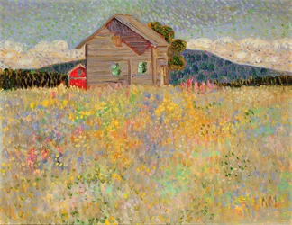 Kleines Holzhaus auf einer blühenden Wiese, ca. 1909